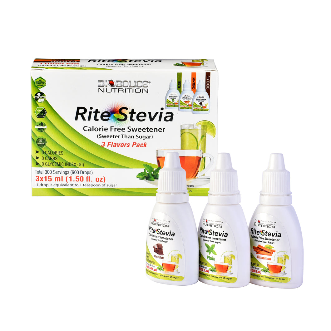 Rite Stevia Liquid Drops Multi-Flavor Combo Pack A : Chocolate, Cinnamon & Plain